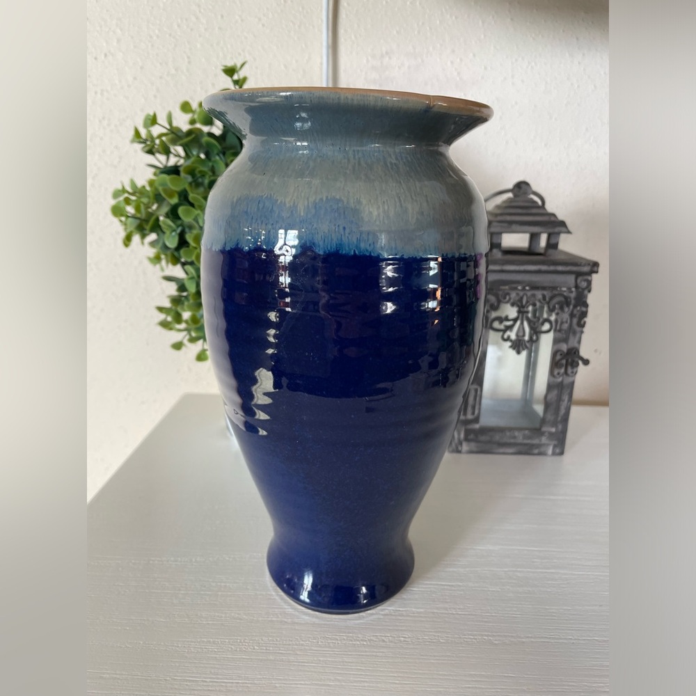 Tumbleweed Pottery Cobalt Blue Drip tall ceramic vase 9.5x5”